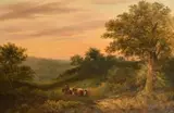 English School, drovers and horses on a country path at Dusk by James Price, oil on canvas, sold Nov 2021
