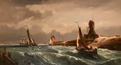 French, Busy shipping scenes off the Dutch coast in choppy seas, oils on canvas, both signed, 22.5" x 40.25 by André Fonèche, oil, sold Nov 2021