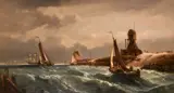 French, Busy shipping scenes off the Dutch coast in choppy seas, oils on canvas, both signed, 22.5" x 40.25 by André Fonèche, oil, sold Nov 2021