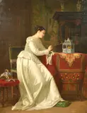 Belgian, An elegant lady in a lavish interior gazing at a caged bird by J. Berlin, oil, offered Nov 2021