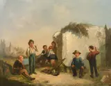 French, a group of children playing with village buildings beyond by Jean-Charles Langlois, oil on panel, offered Nov 2021