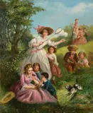 French, elegant children chasing butterflies and collecting wildflowers by Charles-Édouard Boutibonne, oil on canvas, offered Nov 2021