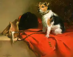Jack Russell with a pink coat, riding crop, gloves and hat by Joseph H. Sulkowski, oil on board, sold Nov 2021