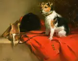 Jack Russell with a pink coat, riding crop, gloves and hat by Joseph H. Sulkowski, oil on board, sold Nov 2021