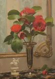 Italian, A still life of red flowers and an ornament on a marble table by Fortunino Matania, oil on panel, offered Nov 2021