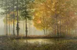 Sunrise in the forest by Gerald Coulson, oil on canvas, sold Nov 2021