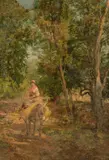 Italian, A young woman on a donkey on a sunlit woodland path by Eduardo Matania, oil on canvas, offered Nov 2021