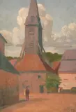 Continental Street scene with figures surrounded by village buildings by John Brown, oil on canvas, sold Nov 2021