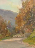 Scottish, A shepherd and his flock on a country path by Archibald Kay, oil on canvas board, sold Nov 2021