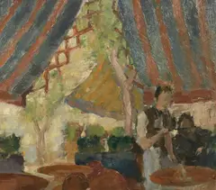 Caf' a study of an outdoor caf by Roland Short, oil on board, sold Nov 2021
