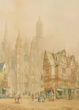 Evreux, Normandy' figures on a busy city street by H. Schafer, watercolour, sold Nov 2021