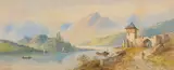 British, A pair of lake scenes with figures, fishing boats and mountains beyond, watercolours by Edwin Earp, watercolor, offered Nov 2021