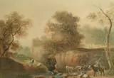 British, A Scene of Cattle Crossing a River with Figures Conversing in the Foreground by Thomas Barker, Watercolour, offered Nov 2021