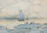 Scottish, Figures on a shore waiting for fishing boats to return by Robert McGowan Coventry, watercolour, offered Nov 2021