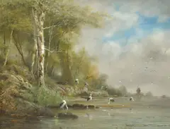 Belgian, wading birds at the water's edge with a windmill beyond by Henri Langerock, watercolour, sold Nov 2021