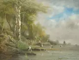 Belgian, wading birds at the water's edge with a windmill beyond by Henri Langerock, watercolour, sold Nov 2021