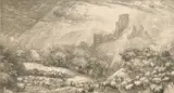 Corfe Castle, Effect of Sunshine after Rain by John Charles Robinson, etching, sold Nov 2021