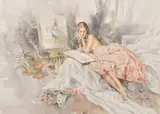 A lady wearing a pink dress looking at a photo album by Gordon King, watercolour, sold Nov 2021