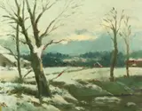 Snow Scene by H. E. Lewis, oil on board, sold Oct 2021