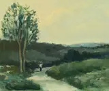 British, Figures on a pathway at dusk by H. E. Lewis, oil on panel, sold Oct 2021