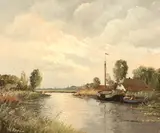 Dutch, Tranquil Dutch river scene with moored boats by Willem Kroon, oil on canvas, sold Oct 2021