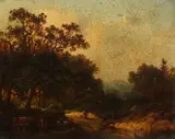 German, Landscape with cattle watering and a figure on a path with a house beyond by Christian Philipp Köster, oil, sold Oct 2021