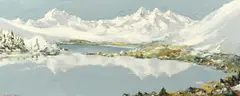 Welsh, Mountain Lake scene in Winter with snow-capped mountains beyond by Charles Wyatt Warren, oil on board, sold Oct 2021