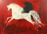 Irish, A black and white horse on a red background by Mary Fitzgerald, oil on board, offered Oct 2021