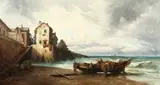 French, Boat with fishermen on the shore next to harbor wall by Emile Godchaux, 1880, oil on canvas, sold Oct 2021