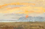 British, Sunset over a tree lined lake by Hugh Boycott-Brown, oil on board, sold Oct 2021