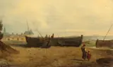 Swedish, Figures and boats on a shore with buildings beyond by Lars Teodor Billing, oil on board, sold Oct 2021