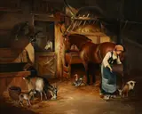 Stable interior with a female figure feeding goats by C. Whitfield, oil on board, sold Oct 2021