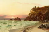 British, Sunset in a rocky coastal landscape by M. Clark, oil on canvas, offered Oct 2021