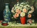 An impressionist still life of mixed flowers and a blue and white vase by D. Morton, oil on panel, sold Oct 2021