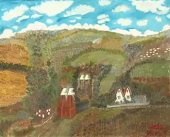 British, A view of oast houses with fields and hills beyond by Fred Yates, oil on canvas, sold Oct 2021