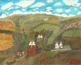 British, A view of oast houses with fields and hills beyond by Fred Yates, oil on canvas, sold Oct 2021