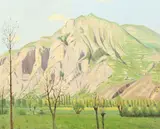 British, Alpine meadows with a rocky escarpment beyond by Robert Morson Hughes, oil on panel, sold Oct 2021
