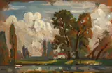 British, River landscape with a house and trees beyond by John Brown, oil on board, sold Oct 2021