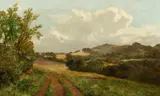 Near Haslemere' Tracks leading into open fields with a farmstead beyond by James Peel, oil on canvas, offered Oct 2021