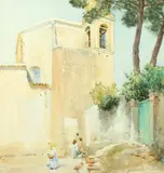 A Moroccan scene with a bell tower and women in the foreground by R.H. Kitson, watercolour, sold Oct 2021