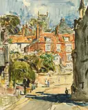 British, A town scene with figures in a street by Rowland Henry Hill, 1936, watercolour, sold Oct 2021