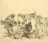 German, A North African scene of wayfarers buying provisions by Erich Wolfsfield, etching, sold Oct 2021