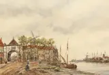 Dutch, A Dutch Port scene with a figure loading produce onto a boat with windmills and ships beyond by Jan Van Couver, watercolour, offered Aug 2021