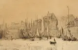 English, A dockyard with figures tending their boats by William Lionel Wyllie, etching, offered Aug 2021