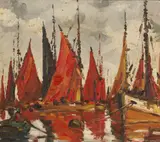 British, sailboats drying their sails by George Richard Deakins, oil on canvas, sold Aug 2021