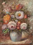 A still life of mixed flowers by T. Denver, oil on canvas, sold Aug 2021