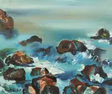 A rocky coastal scene by Sava Savov, oil on canvas, offered Aug 2021