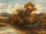 British, figures by a river with hills beyond by Carl Brennir, oil on canvas, offered Aug 2021