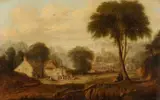 British, The village fjte with an artist in the foreground and a castle beyond by Abel Hold, 1840, oil on canvas, sold Aug 2021