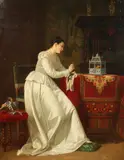 Belgian, An elegant lady in a lavish interior gazing at a caged bird by J. Berlin, oil, offered Aug 2021